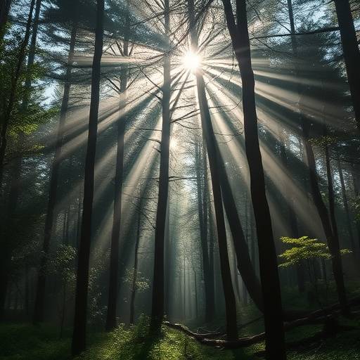 Dense forest of Whispering Woods, with sunlight filtering through the trees creating a mystical atmosphere.