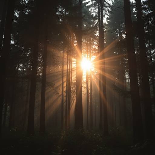 Dense forest of Whispering Woods, with sunlight filtering through the trees creating a mystical atmosphere.