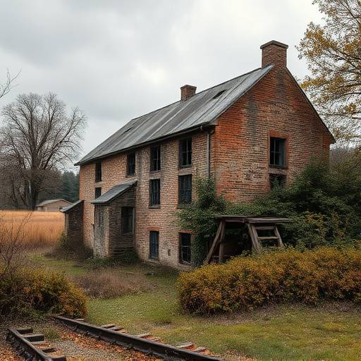Exterior of an old, abandoned mill in a rural setting, showing weathered brick and overgrown vegetation.