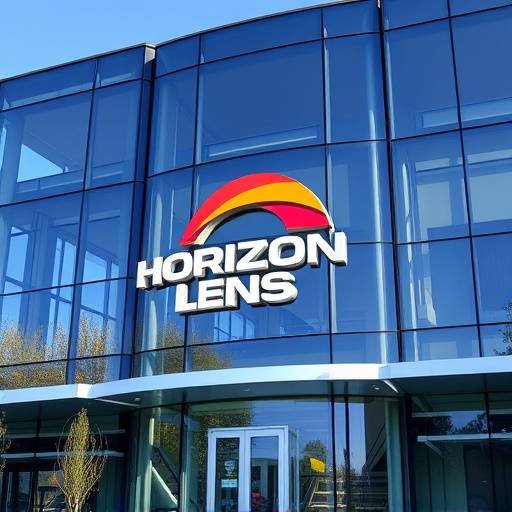 Exterior view of the Horizon Lens headquarters building, a modern glass and steel structure with the company logo displayed prominently.